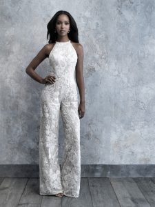 Model wearing full lace bridal jumpsuit