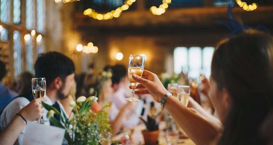 Guests toasting couple on wedding day