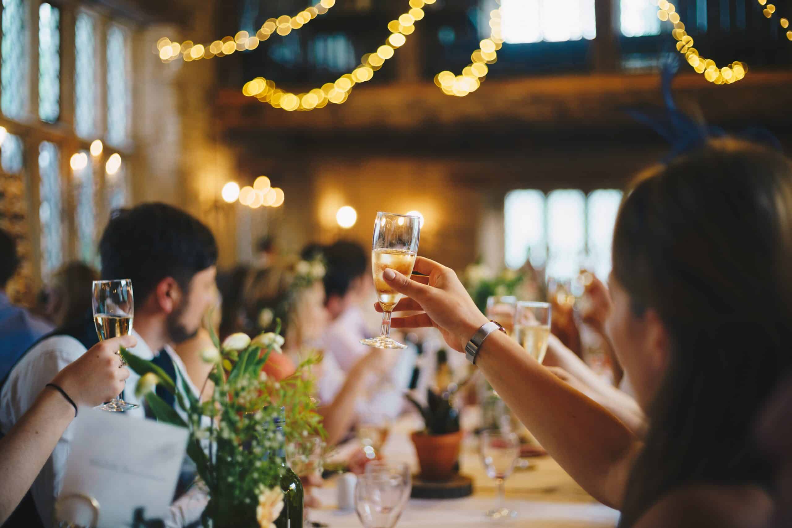 Guests toasting couple on wedding day