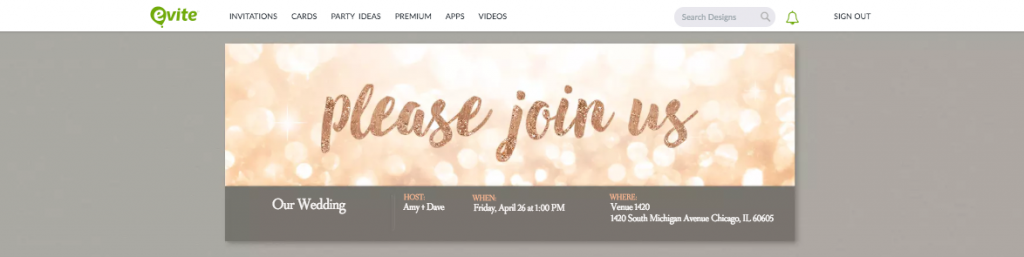 Evite webpage with free online wedding invitation