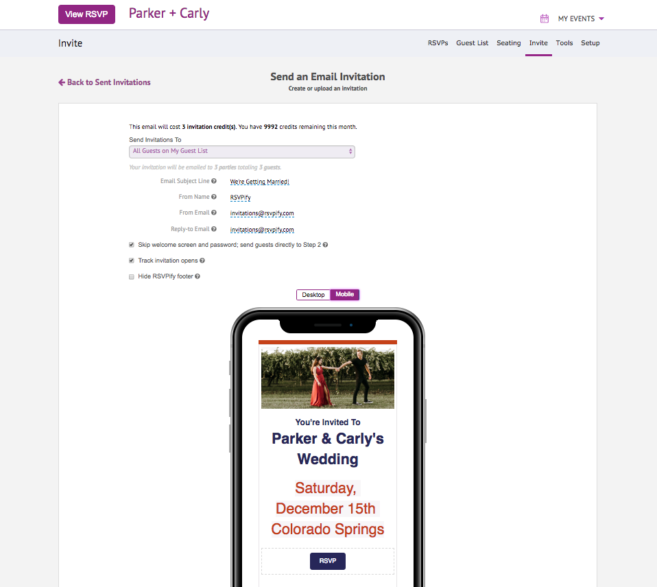 App screenshot of RSVPify free wedding online invitation builder