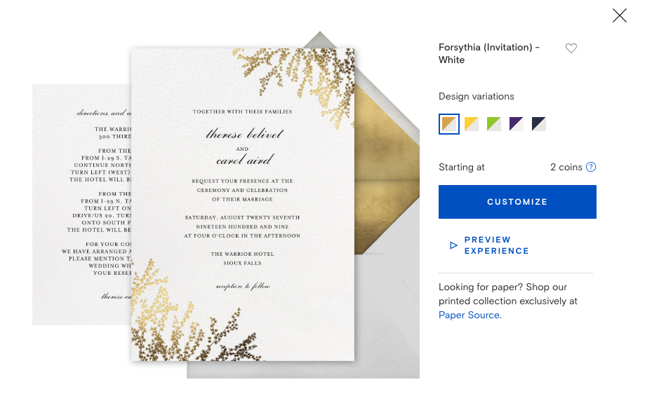 Paperless Post Gold Online Wedding Invitation with Envelope