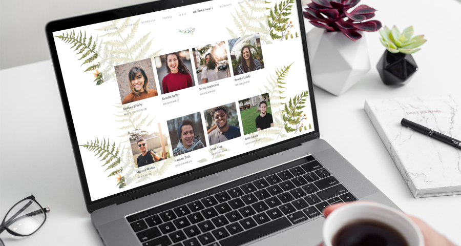 Hand holding coffee while looking at wedding party bios on wedding website