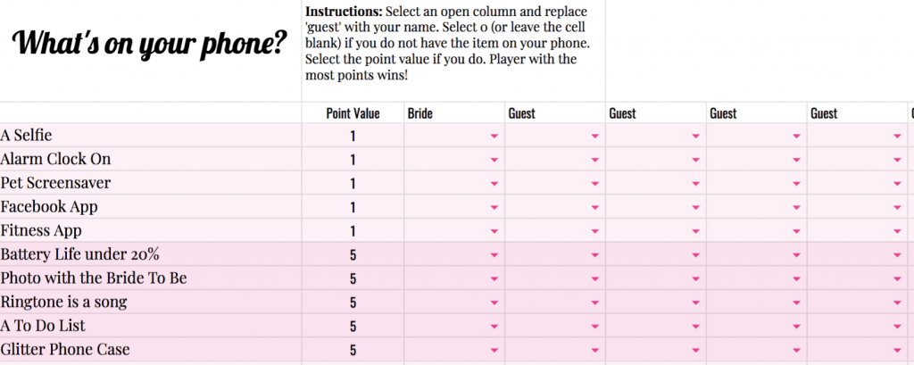 Google Sheet Virtual Bridal Shower Game: What's on your phone?