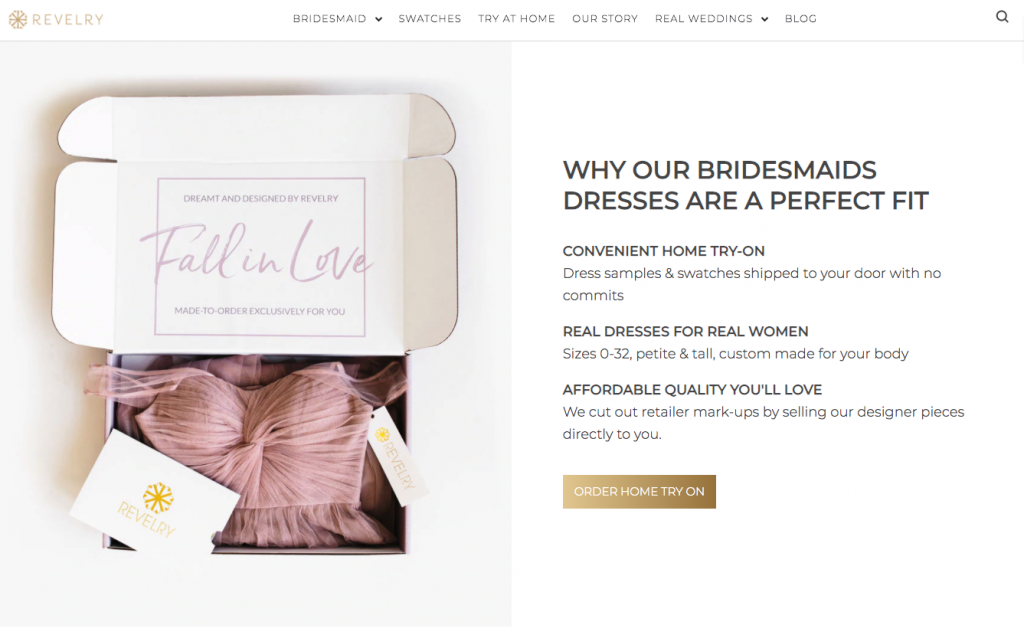 Revelry Bridesmaid dress store home page of website. Text states 'why our bridesmaids dresses are a perfect fit". 