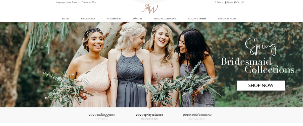 AW Bridal Online Bridesmaid dress store home page. Image of 4 bridesmaid in unique bridesmaid dresses. Text states "spring bridesmaid collections, shop now"
