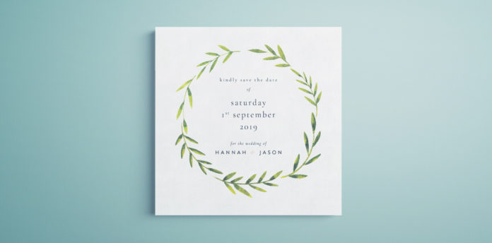 Save the Date template with greenery. Free template for InDesign