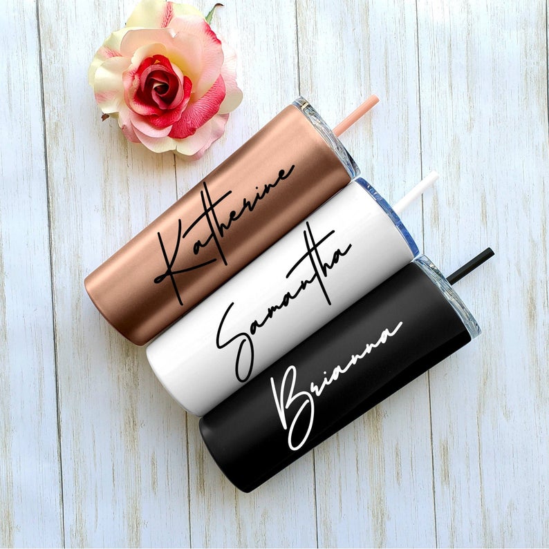 Copper, white, and black personalized drink tumblrs