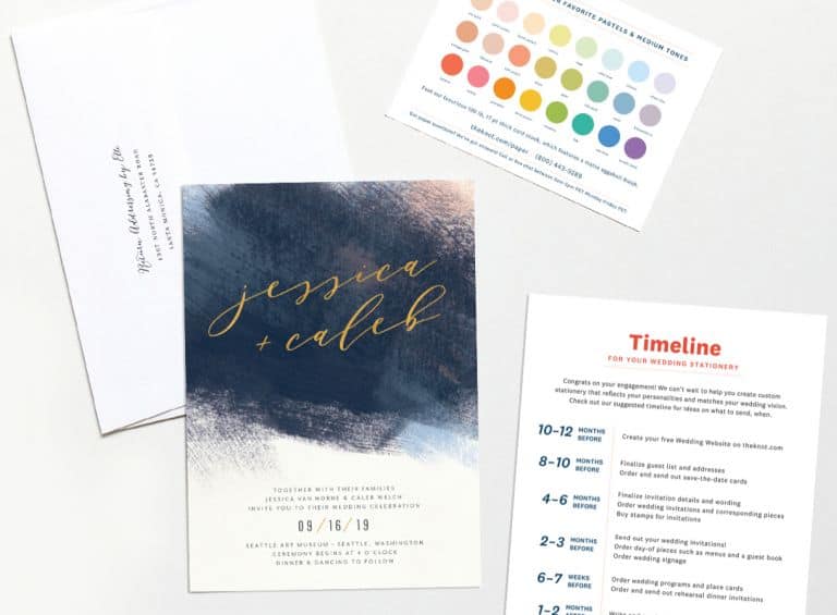 Wedding invitation, envelope, and color chart from The Knot. 