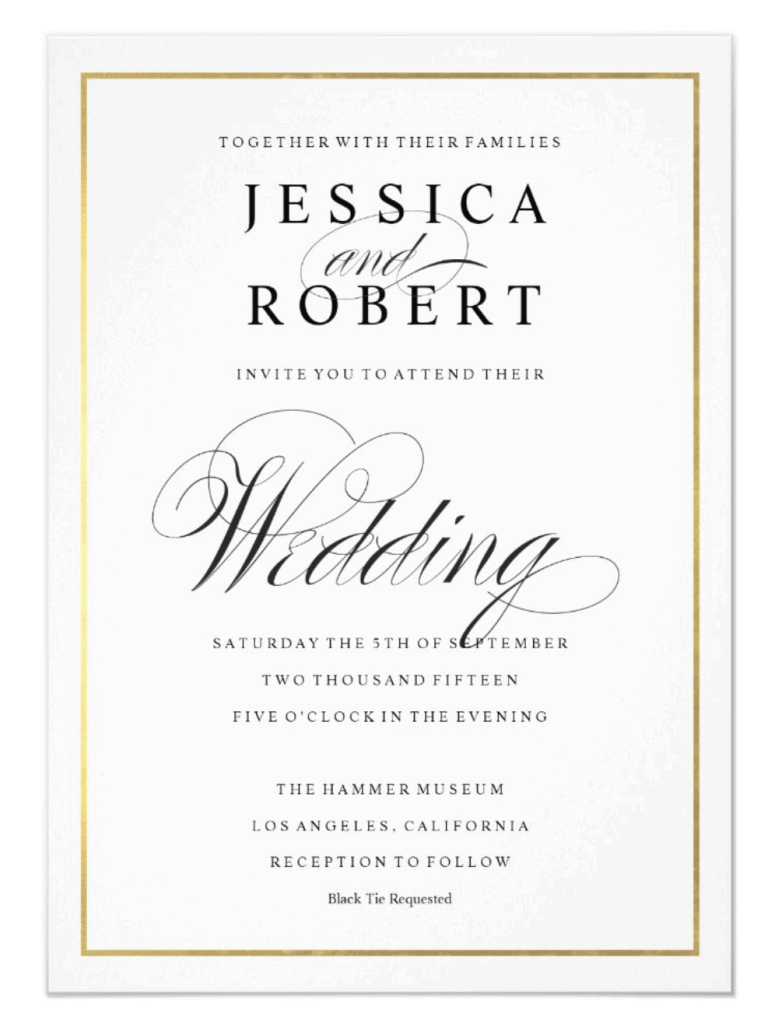 Example of wedding invitation with "black tie requested"