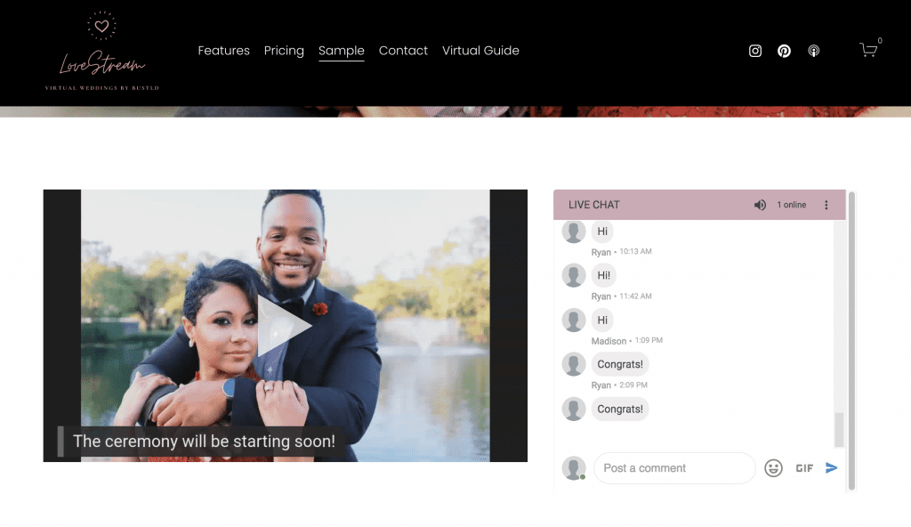 LoveStream virtual wedding streaming webpage example