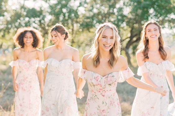 4 floral bridesmaid dresses from Revelry