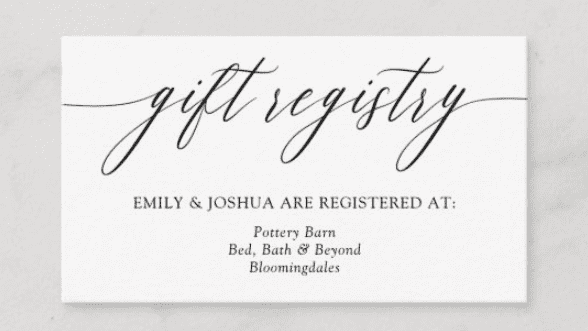 Gift Registry Card Stationary example listing the stores the couple is registered at. 