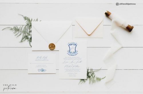 watercolor wedding invitation with blue monogram