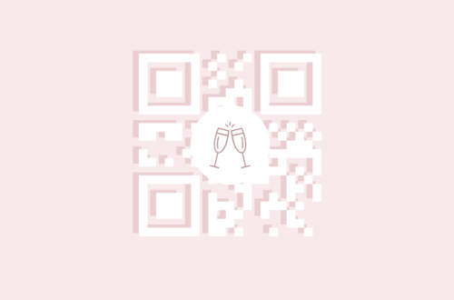 White QR code on pink background with wedding Champagne glasses in the center