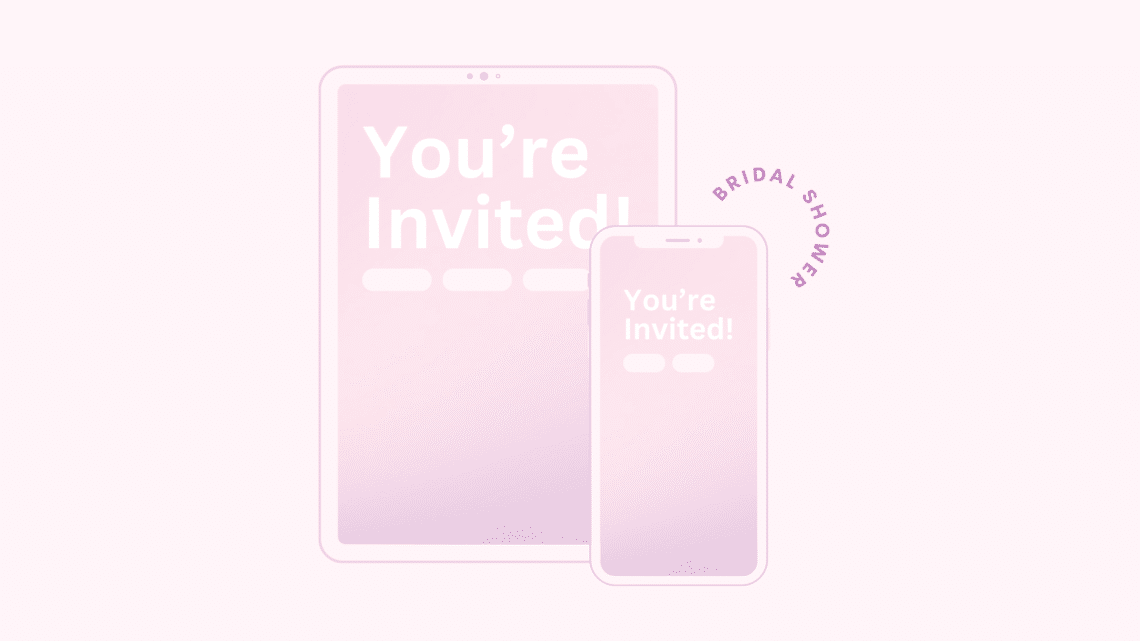 Responsive tablet and phone mockups with bridal shower website displaying text "you're invited"
