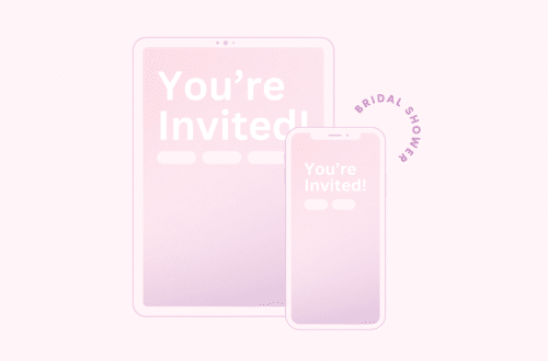 Responsive tablet and phone mockups with bridal shower website displaying text "you're invited"