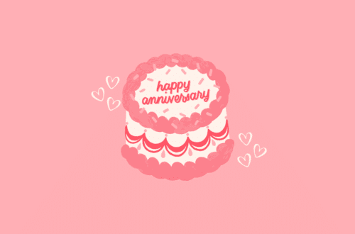 illustration of a cake with frosted text "happy anniversary"